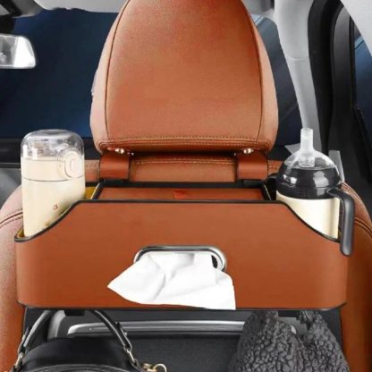 Universal PU Leather Car Seat Back Organizer with Cup Holder & Hooks - Image 5