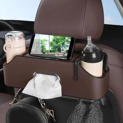 Universal PU Leather Car Seat Back Organizer with Cup Holder & Hooks - Image 2