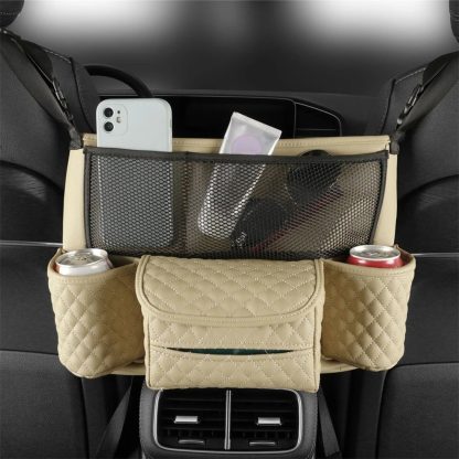 Luxurious Leather Car Seat Storage Bag with Drink Holders - Image 3