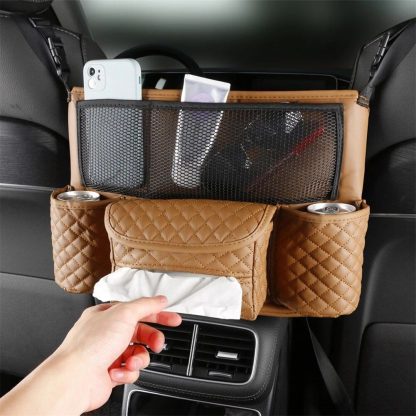 Luxurious Leather Car Seat Storage Bag with Drink Holders - Image 2