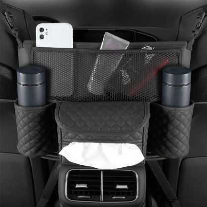 Luxurious Leather Car Seat Storage Bag with Drink Holders - Image 4