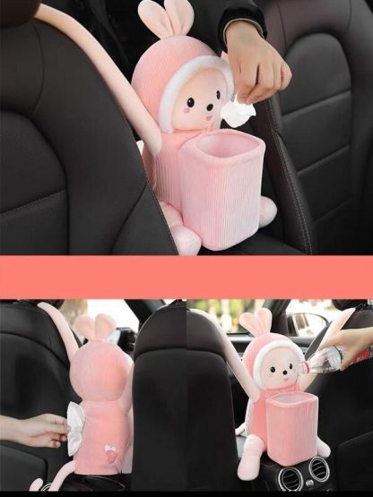 Cartoon Plush Car Tissue Holder with Integrated Trash Cabin - Image 2