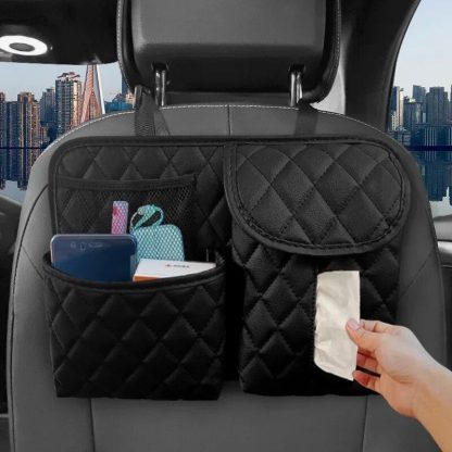 Luxury Leather Car Seat Back Organizer with Phone and Umbrella Holder - Image 2