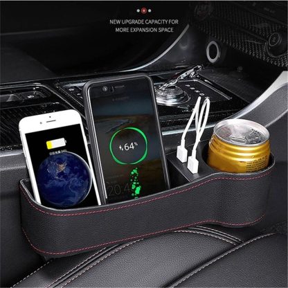 Leather Car Seat Gap Organizer with Dual USB Charging & Cup Holder - Image 4