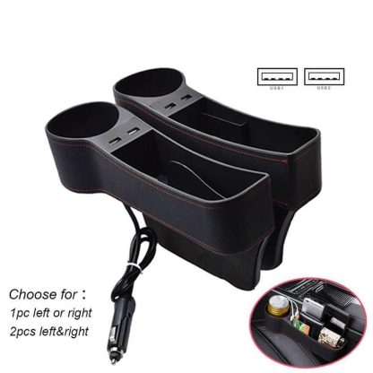 Leather Car Seat Gap Organizer with Dual USB Charging & Cup Holder - Image 2