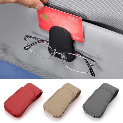 Universal Leather Car Sun Visor Glasses Holder with Magnetic Clip - Image 3