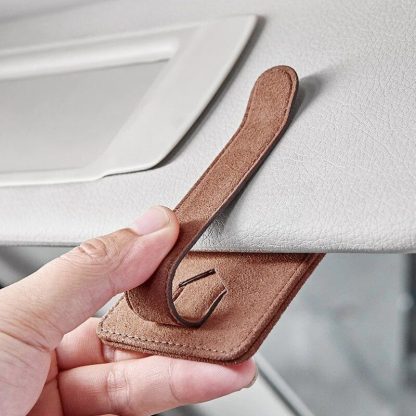 Multi-Function Suede Leather Car Sunglasses Holder with Magnetic Clip - Image 4