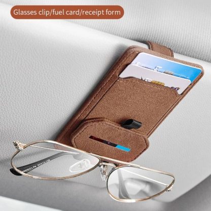 Multi-Function Suede Leather Car Sunglasses Holder with Magnetic Clip - Image 2