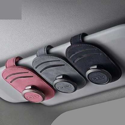 Universal Suede Leather Car Visor Sunglasses Holder with Multi-Clip Function