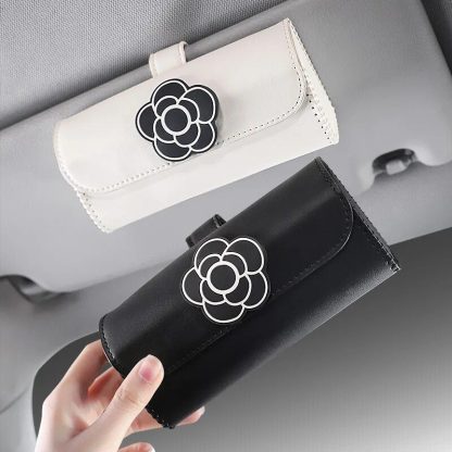 Universal Camellia Flower Leather Sunglasses Holder for Car Visors - Image 2