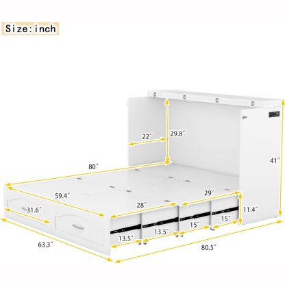 Transformable Queen/Full Size Murphy Wall Bed with Drawers, Sockets & USB Ports - Image 7