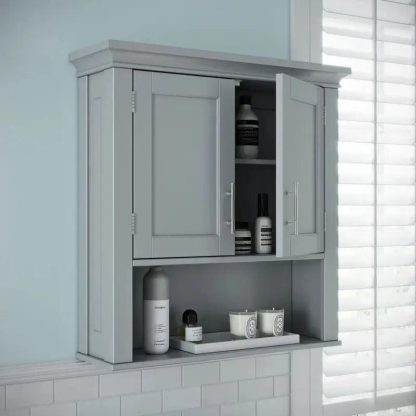 Elegant Gray 2-Door Bathroom Wall Cabinet with Open & Interior Shelves