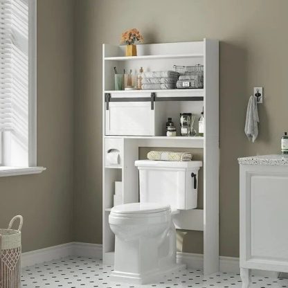 Elegant White 6-Tier Over-The-Toilet Storage Cabinet with Sliding Barn Door - Image 2