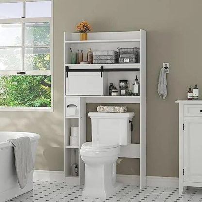 Elegant White 6-Tier Over-The-Toilet Storage Cabinet with Sliding Barn Door - Image 5