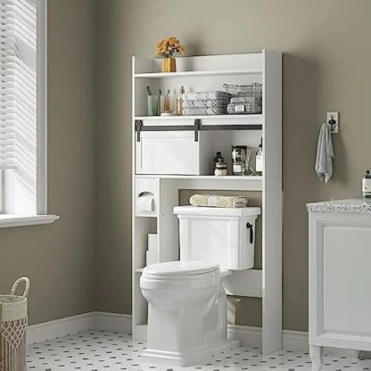 Elegant White 6-Tier Over-The-Toilet Storage Cabinet with Sliding Barn Door - Image 3