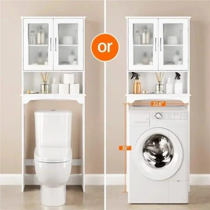 White Wooden Over-The-Toilet Storage Cabinet with Adjustable Shelf - Image 5