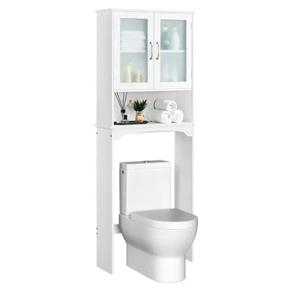 White Wooden Over-The-Toilet Storage Cabinet with Adjustable Shelf - Image 2