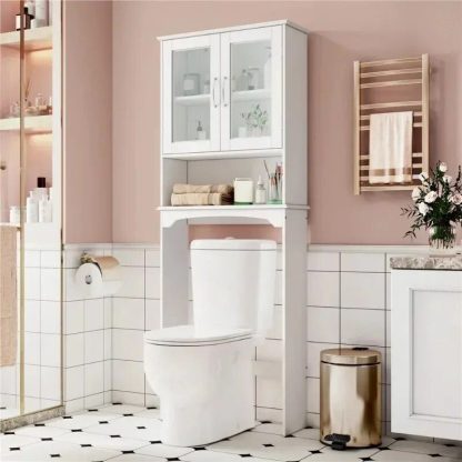 White Wooden Over-The-Toilet Storage Cabinet with Adjustable Shelf