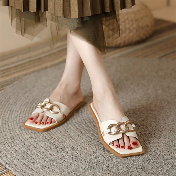 Summer Square Toe Leather Slippers - Image 4