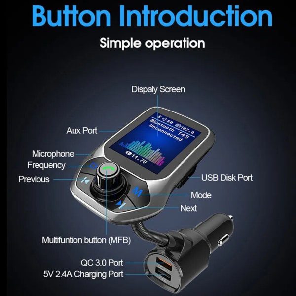 Bluetooth FM Transmitter with 1.8" Color Display, Handsfree Car Kit & Dual USB Charger - Image 4