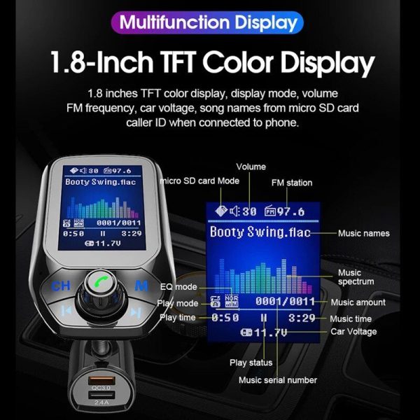 Bluetooth FM Transmitter with 1.8" Color Display, Handsfree Car Kit & Dual USB Charger - Image 7