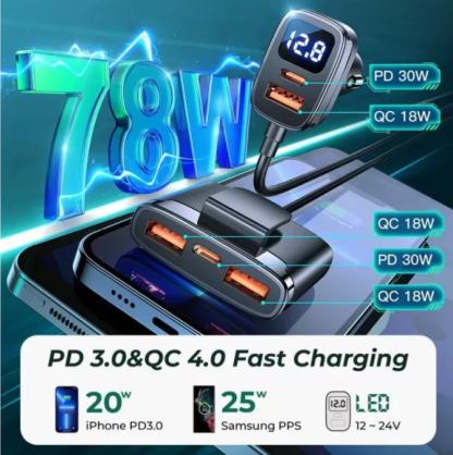 78W 5-in-1 Multi-Port Fast Car Charger with LED Voltage Display - Image 2