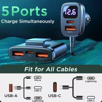 78W 5-in-1 Multi-Port Fast Car Charger with LED Voltage Display - Image 5